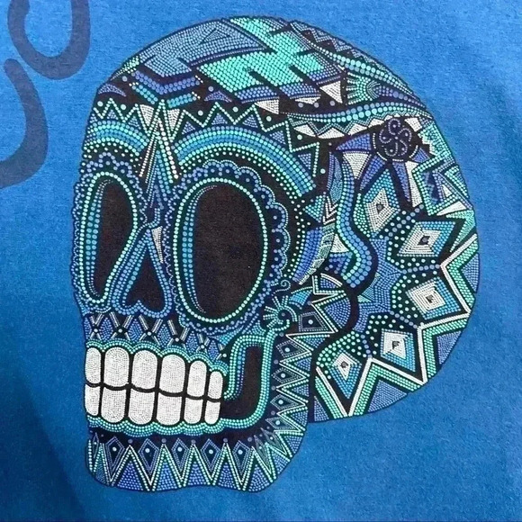 Ay Guey Blue Skull Aztec Short Sleeve Polo Shirt - Picture 4 of 13